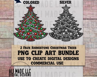 Faux Rhinestones Christmas Trees CLIP ART Bundle of 2 - PNG Downloads Commercial Use Designs Holiday Silver Red Green Iridescent Glitter