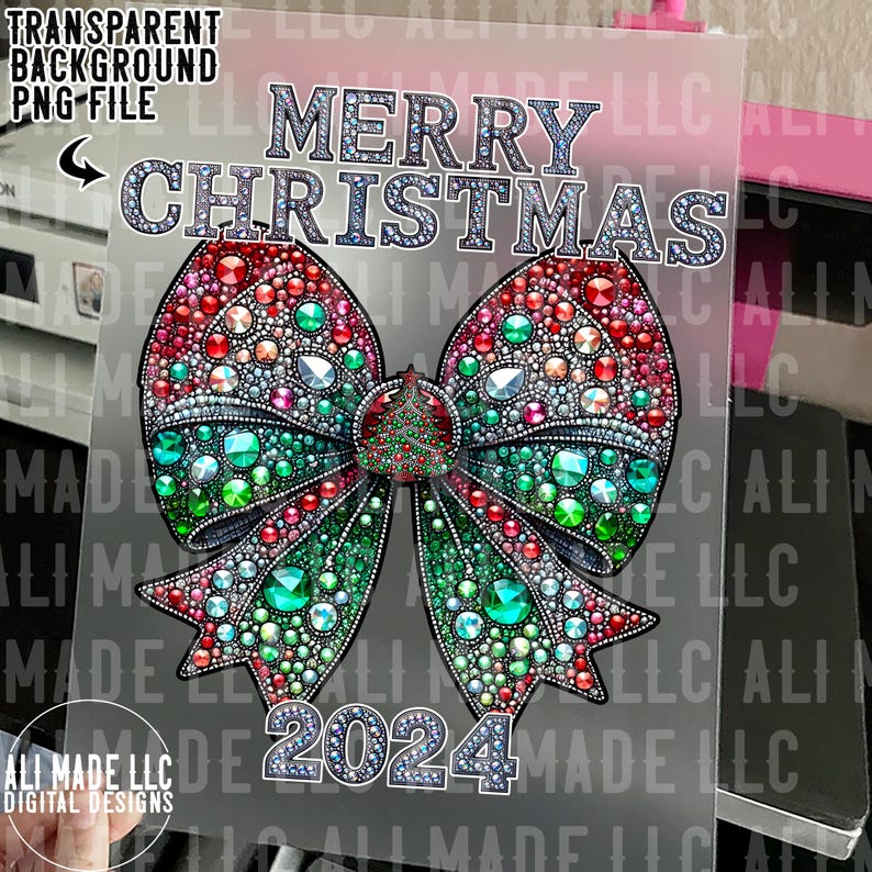 Merry Christmas 2024 Ribbon Bow Tree Iridescent Rhinestones PNG Digital