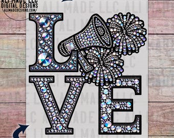 LOVE Cheerleading Pom Poms Game Day Iridescent Rhinestones - PNG Digital Download, Use for Shirts Direct to Film Sublimation Commercial Use