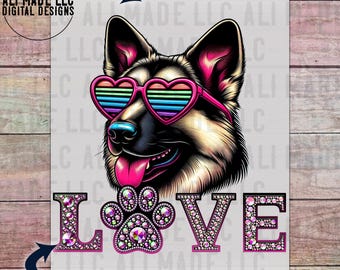 Dog Love - German Shepherd with Heart Glasses - PNG Transparent Background Digital Download File for Shirts, Mugs, Tumblers, Sublimation DTF
