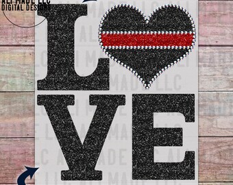 LOVE - First Responder Firefighter Red Line Faux Glitter & Rhinestone Heart" - PNG Digital Download for Shirts Mugs Hats Sublimation DTF
