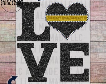 LOVE - First Responder Dispatcher Yellow Line Faux Glitter & Rhinestone Heart" - PNG Digital Download for Shirts Mugs Hats Sublimation DTF
