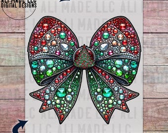 Christmas Red Green Ribbon Bow Coquette Iridescent Rhinestones - PNG Digital Download - Shirts Mugs Sublimation Commercial Use Glitter Bling