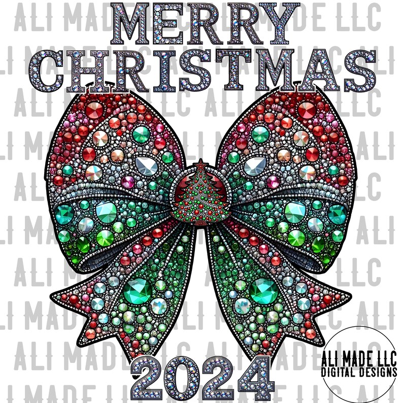 Merry Christmas 2024 Ribbon Bow Tree Iridescent Rhinestones PNG Digital
