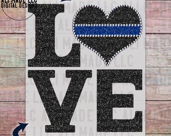 LOVE - Police Officer Law Enforcement Blue Line Faux Glitter & Rhinestone Heart" - PNG Digital Download File for Shirts Mugs Sublimation DTF