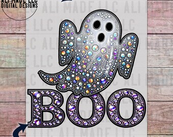 Boo Ghost Faux Iridescent Rhinestones - PNG Digital Download - Shirts Mugs Sublimation Commercial Use Glitter Sparkle Halloween DTF Spooky