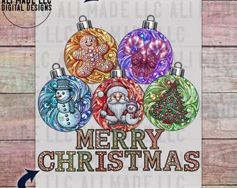 Merry Christmas Ornaments Santa Snowman Tree Gingerbread Man Candy Canes Faux Iridescent Rhinestones - PNG Digital Download - Glitter Bling