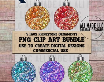 Christmas Tree Ornaments Faux Rhinestones CLIP ART Bundle of 5 - PNG Downloads Commercial Use Designs Holiday Shimmer Iridescent Glitter