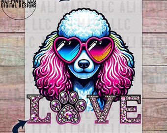 Dog Love - Poodle with Heart Glasses - PNG Transparent Background Digital Download File for Shirts Mugs Tumblers Direct to Film Sublimation