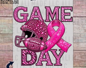 Football Helmet Game Day Pink Breast Cancer Ribbon Rhinestones - PNG Digital Download Shirts Hats Sublimation Helmet Commercial Use October