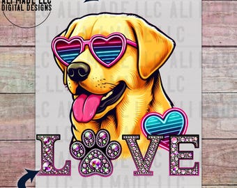Dog Love - Yellow Labrador with Heart Glasses - PNG Transparent Background Digital Download File for Shirts Mugs Tumblers Sublimation DTF