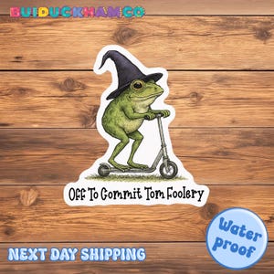 Whimsical Frog Wizard Off to Commit Tomfoleri Funny Sticker, Frog Witch Sticker, Off to Commit Tom Foolery, Wizard Frog Funny Meme Magnet