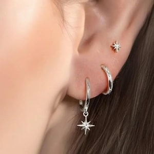 Set of 3pcs Minimalist Earrings, Dangling Star Charm Earring, Siver Huggie Hoop, Cartilage Studs
