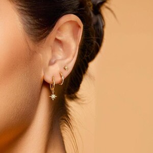 Tiny Gold Stud Earrings, 14k Gold Plated, Set of 3pcs Minimalist Earrings, Dangling Star Charm Earring, Cartilage Studs, Ideal Gift For Her.
