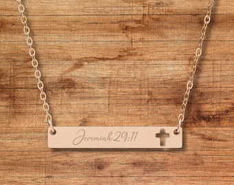 Bar Necklace with Scripture Custom Bible Verse Cross Necklace, Personalized Christian Jewelry Gift, Engraved Faith Pendant for Her