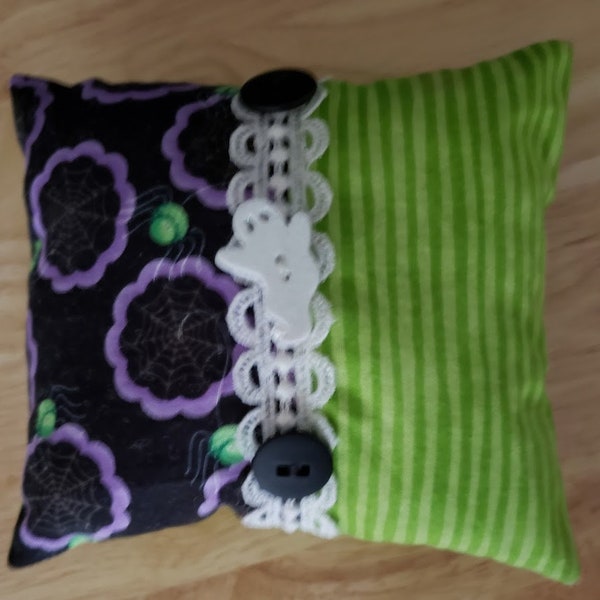 Mini Halloween Pillow Bowl Filler Tiered Tray ghost and black buttons Neon Green Stripes Black with Purple Spider Webs and Green Spiders