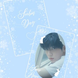 May include: Two light blue cards with a winter theme. One card has the text "Soobin Day" and a heart. The other card has a photo of a person and the text "Snow Prince" and "1205". White rabbit silhouettes are also present.