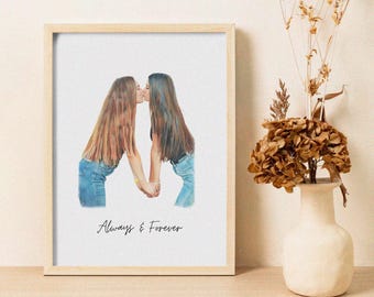 Personalized Watercolor Lesbian Portrait from Photo, Single or Merge Multiple Photos into One, Pride Month Custom Couple & Family Art