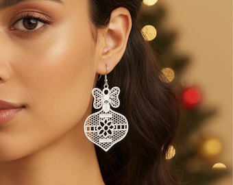 FSL Christmas Bow and Bauble Embroidery Earrings, Lace Embroidery Designs, 4 Sizes (Instant Download)