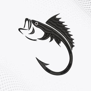 May include: Black and gray stylized illustration of a fish jumping and attached to a fishing hook. The fish has a detailed fin and eye, with the hook curving around the fish's body. The design is set against a white background.