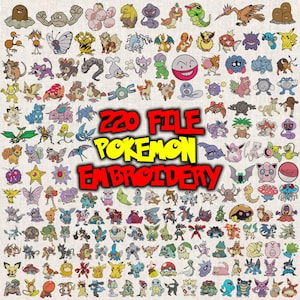 Op de afbeelding: Een digitale collectie van 220 kleurrijke Pokémon-karakterillustraties gerangschikt in een raster. In het midden staat de tekst 220 FILE POKEMON EMBROIDERY in opvallende rode en gele letters. Elk personage heeft een unieke pose en kleur.