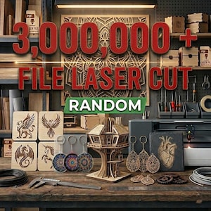 May include: A variety of laser-cut wooden items are displayed on a wooden workbench. The items include coasters, keychains, earrings, and a 3D model of a treehouse. The image also features the text "3,000,000+ FILE LASER CUT RANDOM."