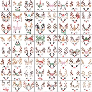May include: A grid of sixty-four individual embroidery designs featuring cartoon reindeer faces. Each reindeer has brown antlers and unique accessories including Santa hats, scarves, bows, unicorn horns, glasses, and holiday lights in various colors.