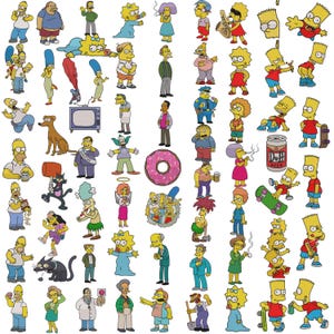 May include: A collection of colorful cartoon character stickers featuring various members of the Simpsons family and their neighbors, including Homer, Marge, Bart, Lisa, Maggie, and other iconic figures, alongside a pink frosted donut and a Duff beer can.