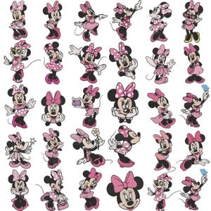 Pode incluir: Uma coleção de trinta ilustrações individuais da Minnie Mouse em várias poses e roupas, apresentando principalmente vestidos cor-de-rosa com bolinhas, laços combinando e luvas brancas. A personagem tem orelhas pretas e rosto redondo.