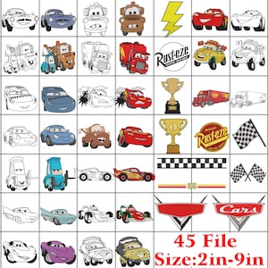 May include: A collection of 45 digital graphics featuring various cartoon race cars, trucks, trophies, checkered flags, and logos from the Cars franchise. The images include both line art and colored versions, with text labels including Rust-eze and Cars.