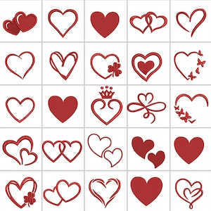 May include: A collection of twenty-five red heart embroidery designs arranged in a grid. The set features various styles including solid hearts, outlined hearts, hearts with butterflies, hearts with crowns, and intertwined heart shapes.