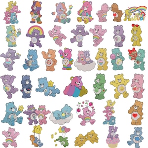 Pode incluir: Uma coleção de ilustrações coloridas dos Care Bears apresentando vários personagens em diferentes poses, atividades e expressões, incluindo arco-íris, estrelas, corações e nuvens, com o texto Care Out Loud no canto superior direito.