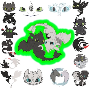 May include: A collection of digital embroidery designs featuring black and white dragon characters in various poses, including individual heads, full-body silhouettes, and pairs of dragons, with one central design highlighted by a bright green glow.