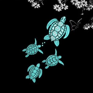 May include: A black background features four stylized, turquoise sea turtles swimming. The largest turtle has a detailed shell design. White flowers and a butterfly are in the upper right corner. The turtles are a whimsical design.
