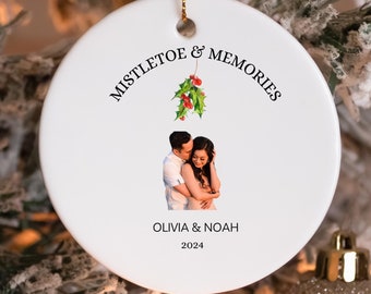 Personalized Couple Photo Ornament, Ceramic Christmas Ornament, Mistletoe & Memories