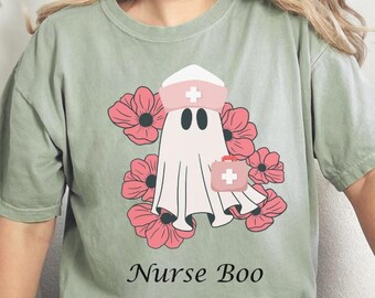 Personalized Nurse Boo Ghost T-shirt, Halloween Costume, Nurse Gift, Customizable Comfort Colors Name Shirt, Pink Floral Design