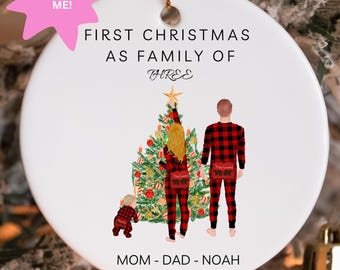 Personalized First Christmas as a Family of Three Gingham PJs Ornament