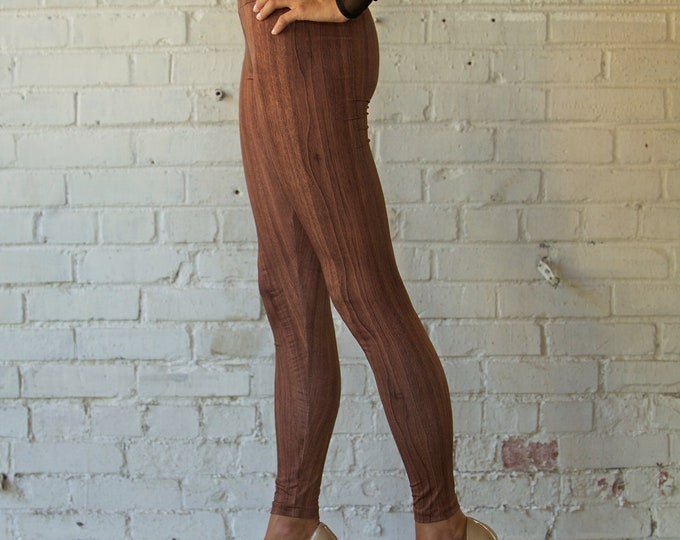 Wood Grain Print Leggings High Waisted Patterned Hand Made Size Small