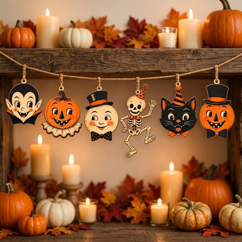 May include: A Halloween garland featuring six hanging wooden ornaments: a vampire, a jack-o'-lantern, a moon with a top hat, a dancing skeleton, a black cat with a party hat, and a second jack-o'-lantern, all suspended from a brown twine string.