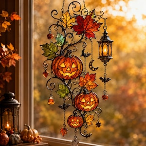 Könnte beinhalten: Ein hängendes Buntglas-Dekorationsobjekt mit drei beleuchteten Kürbissen, herbstlichen Ahornblättern in Rot, Orange und Grün, einer kleinen Laterne, Fledermäusen, einer Mondsichel und einem Zuckermais-Anhänger, verbunden durch einen schwarzen Metallrahmen.