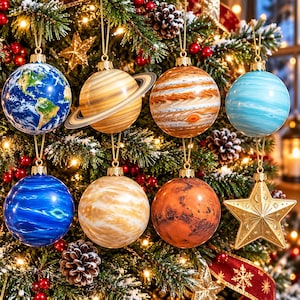 Könnte beinhalten: Ein Set aus sieben kugelförmigen Ornamenten, die Planeten wie die Erde, Saturn mit Ringen, Jupiter, Neptun, Uranus, Venus und Mars darstellen, sowie ein goldener Stern, alle mit goldenen Aufhängeschlaufen und metallischen Kappen.