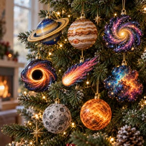 Op de afbeelding: Een verzameling kerstornamenten met ruimtethema hangend in een boom, waaronder een planeet met ringen, een gasreus, een spiraalstelsel, een zwart gat, een komeet, een nevel, een maan met kraters en een gloeiende oranje planeet.
