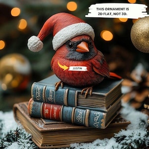 Christmas Cardinal 2D FLAT On Books Figurine – Santa Hat Bird Holiday Decor For Book Lovers