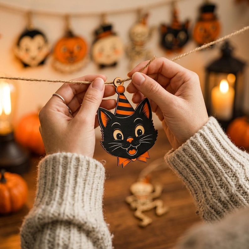 May include: A black cat ornament with a striped orange and black party hat and an orange bow tie, hanging from a piece of twine. The cat has large eyes, a small nose, and a wide grin, and is part of a series of Halloween-themed wooden decorations.
