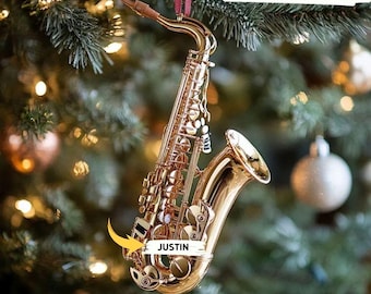 Saxophon Weihnachten 2D FLAT Ornament - Glänzende Messing Musikinstrument Baumdekoration für Musikliebhaber