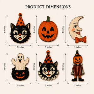 May include: Six Halloween-themed decorative cutouts featuring a black cat in a star hat, a jack-o'-lantern, a crescent moon with a face, a ghost in a pumpkin, a black cat in a checkered hat, and a pumpkin-headed figure, each measuring 3 inches.
