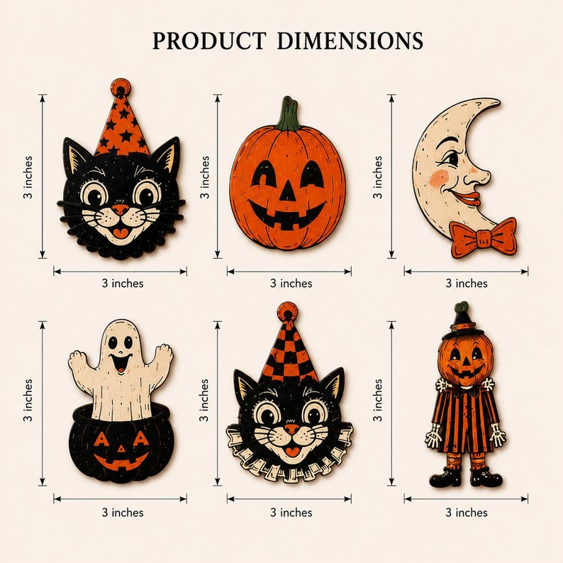 May include: Six Halloween-themed decorative cutouts featuring a black cat in a star hat, a jack-o'-lantern, a crescent moon with a face, a ghost in a pumpkin, a black cat in a checkered hat, and a pumpkin-headed figure, each measuring 3 inches.