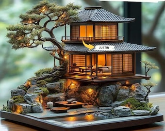 2Dフラット日本茶室ジオラマ - LED禅ガーデンハウス模型装飾 - Etsy 日本