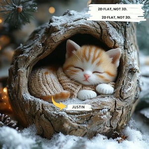 Ornement plat 2D chaton endormi dans un arbre, décoration de Noël chat d'hiver confortable