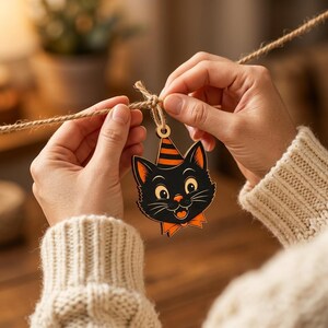 May include: A wooden ornament shaped like a black cat head with a smiling expression, wearing an orange and black striped party hat and an orange bow tie, suspended from a piece of natural jute twine string for hanging decoration.